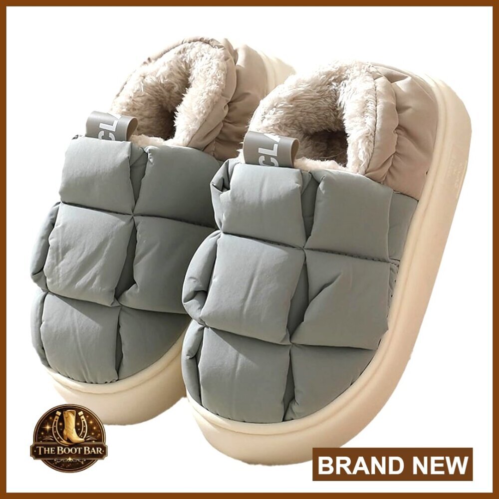 Furry Puffer Slippers Warm Plush Lining Comfy Wrap Heel Indoor Outdoor